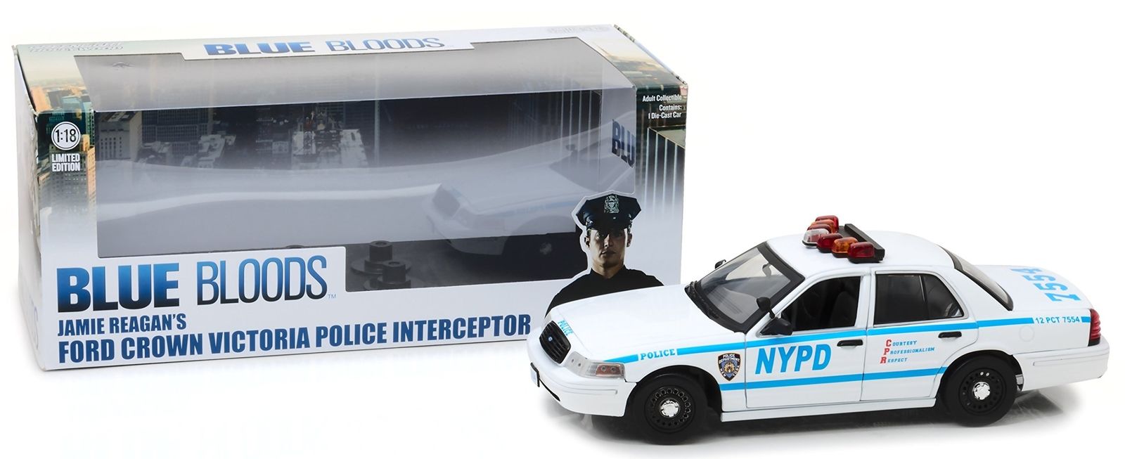 Voiture FORD CROWN VICTORIA 2001 NYPD NEW YORK POLICE DEPARTMENT JAMIE REAGAN BLUE BLOODS NYPD NEW YORK POLICE DEPARTMENT 1/18