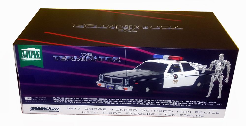 Voiture en métal DODGE MONACO METROPOLITAN POLICE 1/18 TERMINATOR Avec Figurine T-800 Endoskeleton