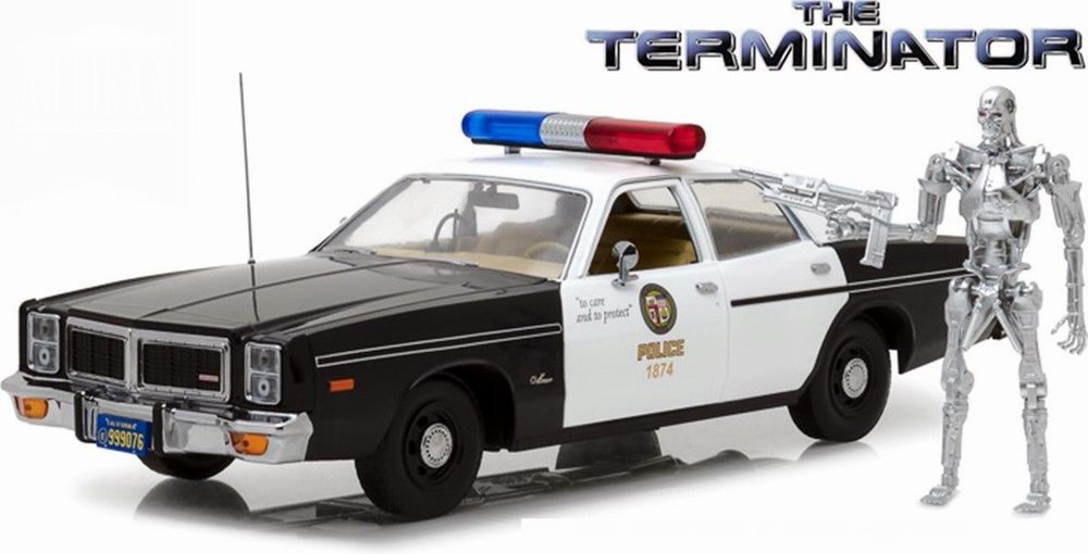 Voiture en métal DODGE MONACO METROPOLITAN POLICE 1/18 TERMINATOR Avec Figurine T-800 Endoskeleton