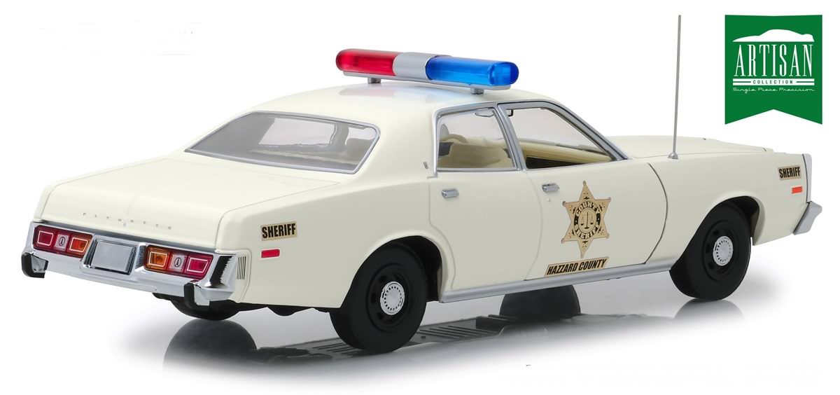 Voiture Plymouth Fury Police Sherif Rosco Purvis Coltrane de la série Shérif fais-moi peur en métal au 1/18