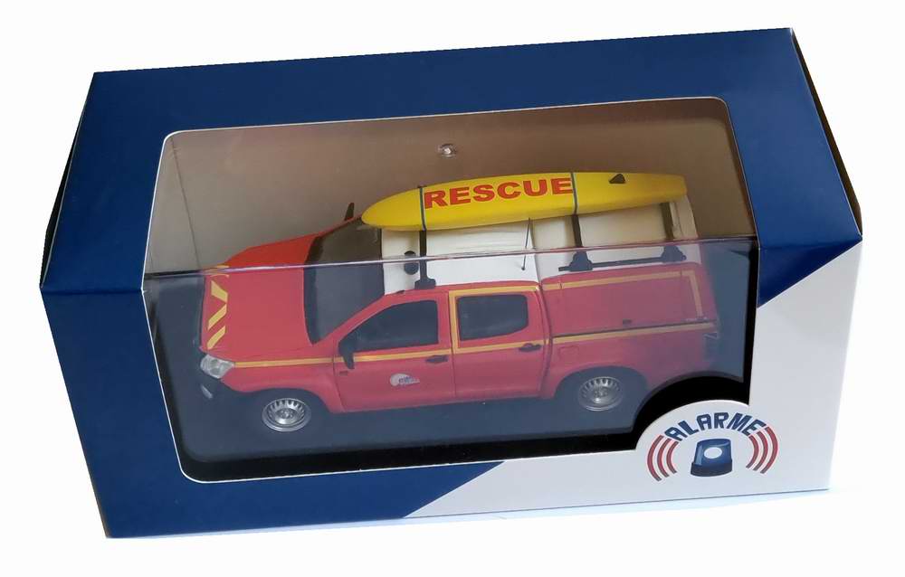 Miniature ISUZU DMAX Sapeurs Pompiers planche de surf SECOURS EN MER Sauvetage côtier SDIS 64 Pyrenees-Atlantiques 1/43 Alarme