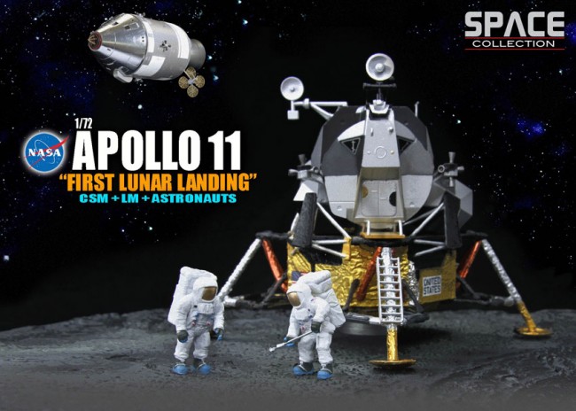 Diorama Apollo 11 Premier Atterrissage sur la Lune avec le Module de Commande et de Service CSM Columbia avec Module Lunaire LEM Eagle et Astronautes Dragon Wings 1/72