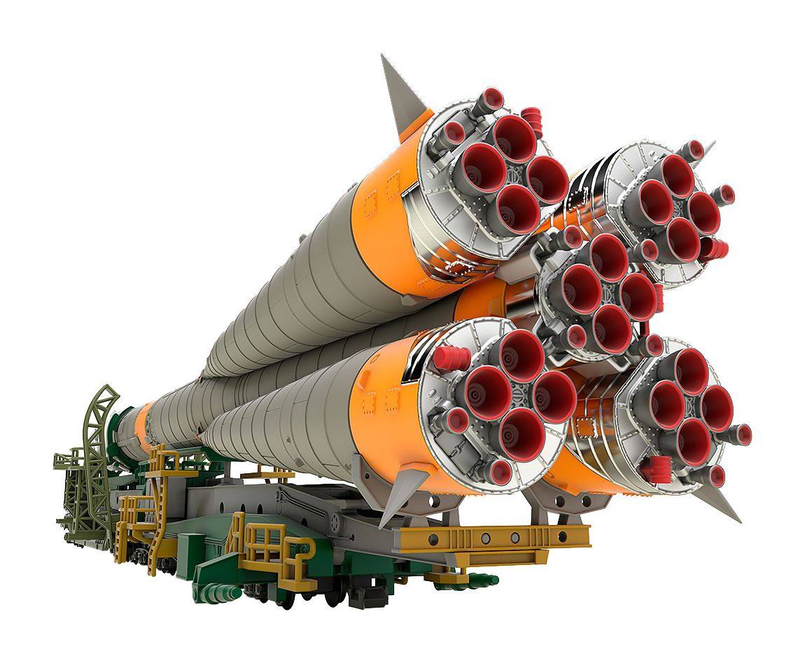 Maquette lanceur russe Fusée Soyuz sur Train de Transport 1/150