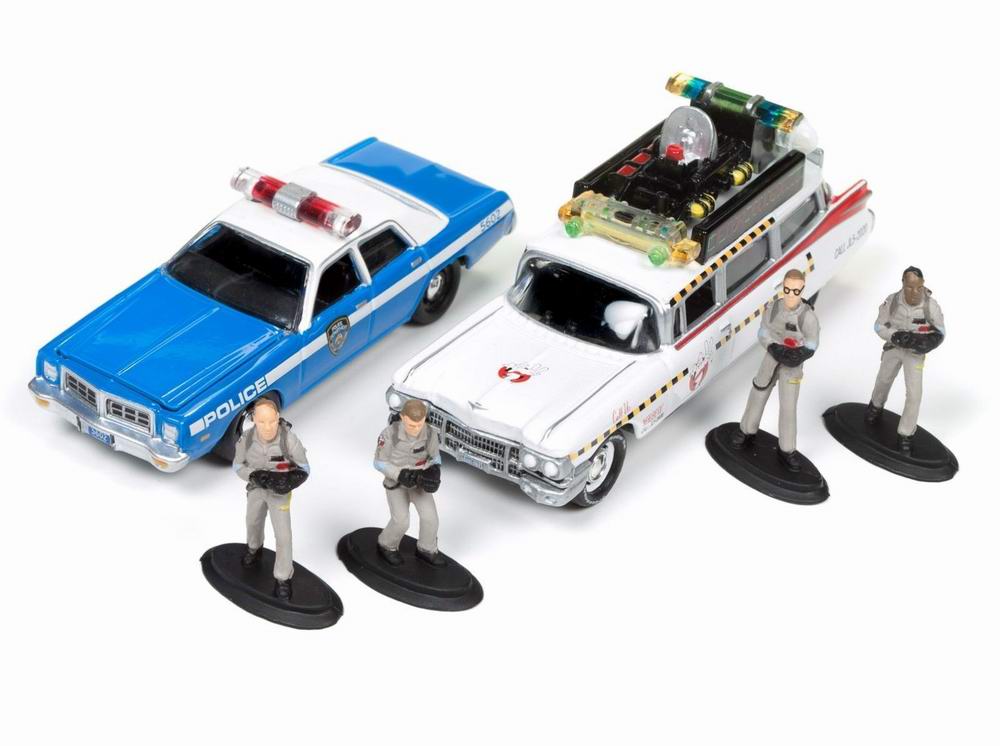 Voiture miniature Cadillac 1959 Ghostbusters ECTO 1 Ambulance du Film SOS. Fantômes Dodge Monaco Police 1977 et 4 Figurines au 1/64
