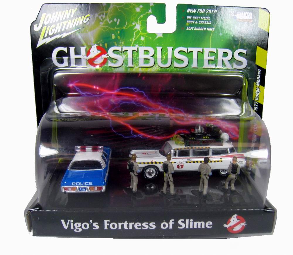 Voiture Cadillac 1959 Ghostbusters ECTO 1 Ambulance du Film S.O.S. Fantômes Dodge Monaco Police 1977 et 4 Figurines 1/64