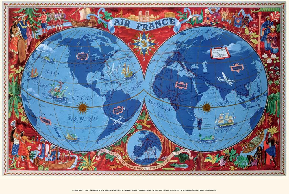 Affiche AIR FRANCE  Planisphère rouge - Lucien Boucher 1950