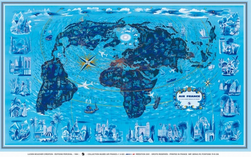Affiche AIR FRANCE Planisphère Bleu - Lucien Boucher 1964