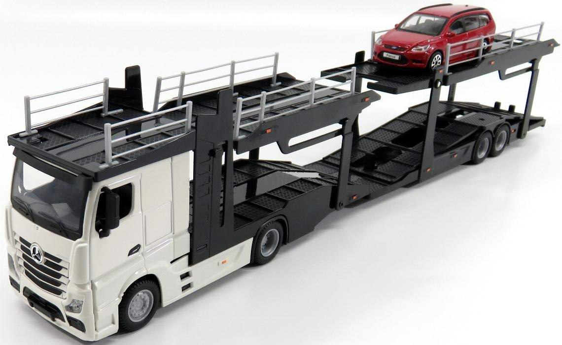 Camion MERCEDES Actros en Métal Avec Remorque Porte Voitures 1/43 45 cm  FORD Focus en Métal 1/43