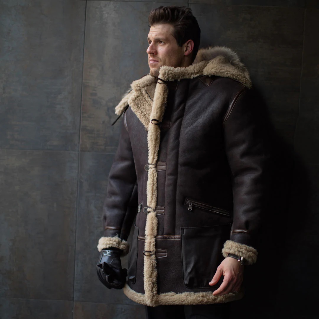 Parka cuir hiver trois quart Bombardier B7 Aleutian Cuir Mouton Shearling avec Capuche Fourrure Cockpit usa Avirex