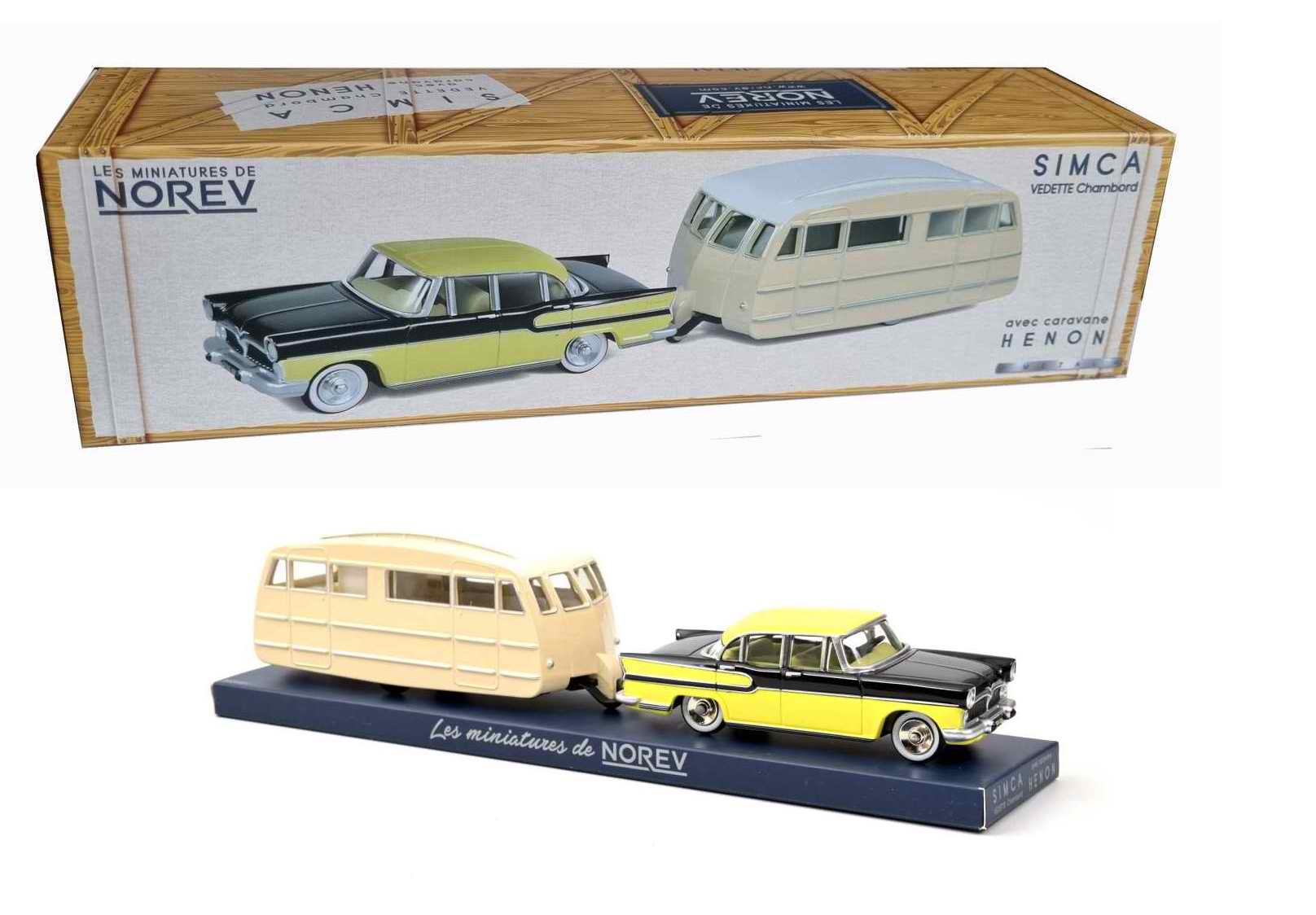 Voiture métal SIMCA Vedette Chambord 1958 Avec Caravane Hénon Jaune Paille 1/43