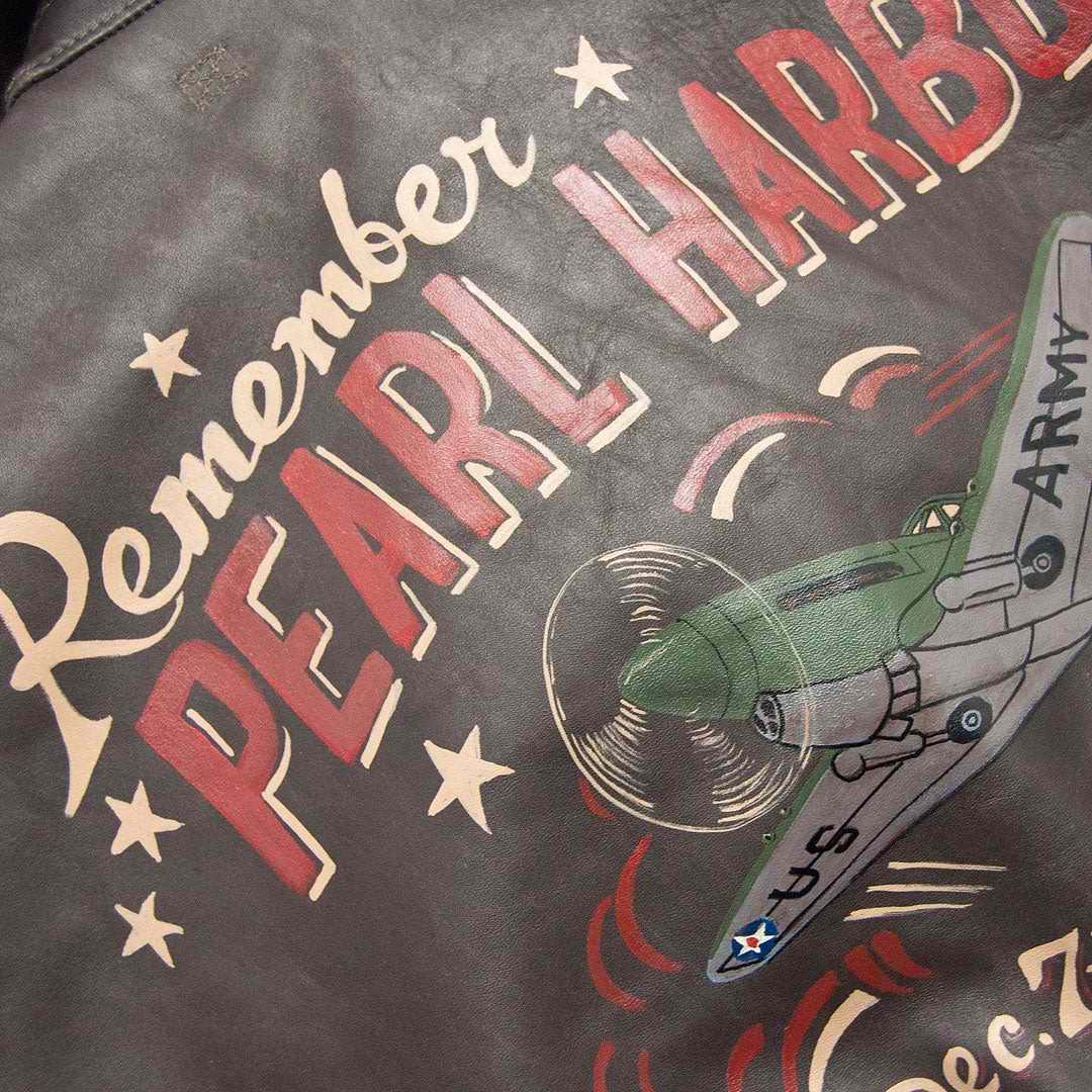 Blouson Aviateur en cuir peinture Pinup nose art Remember Pearl Harbour COCKPIT USA AVIREX