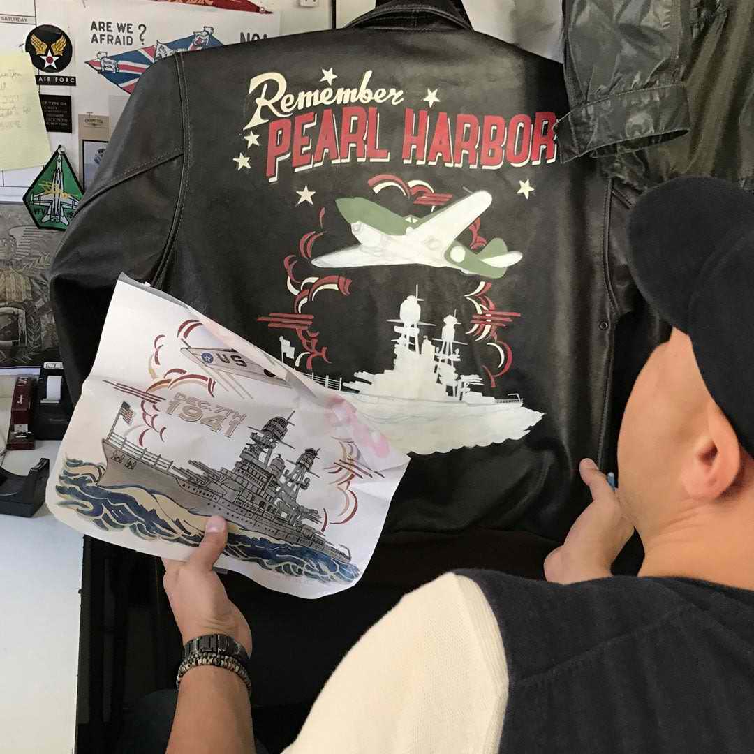 Blouson Aviateur en cuir Pin up nose art Remember Pearl Harbour COCKPIT USA AVIREX