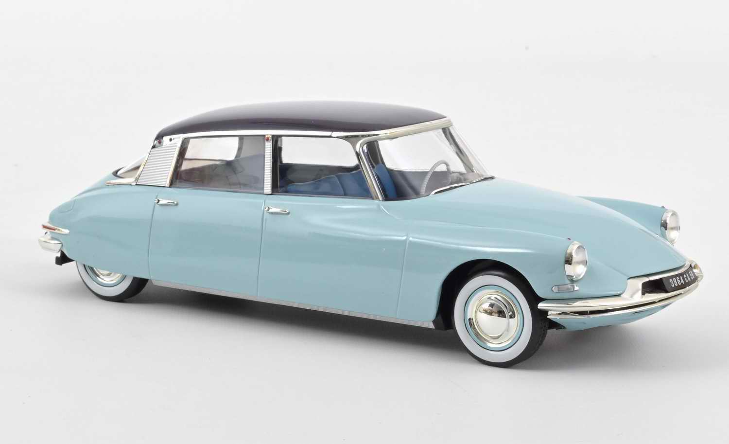 Miniature Voiture CitroënDS19 1959 Bleu Nuage Aubergine Avec Caravane Hénon 1/18 NOREV