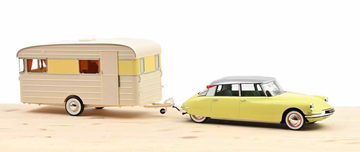 Miniature Voiture Citoren DS19 1960 Jaune Jonquille Avec Caravane Digue Panoramic 1/18 NOREV